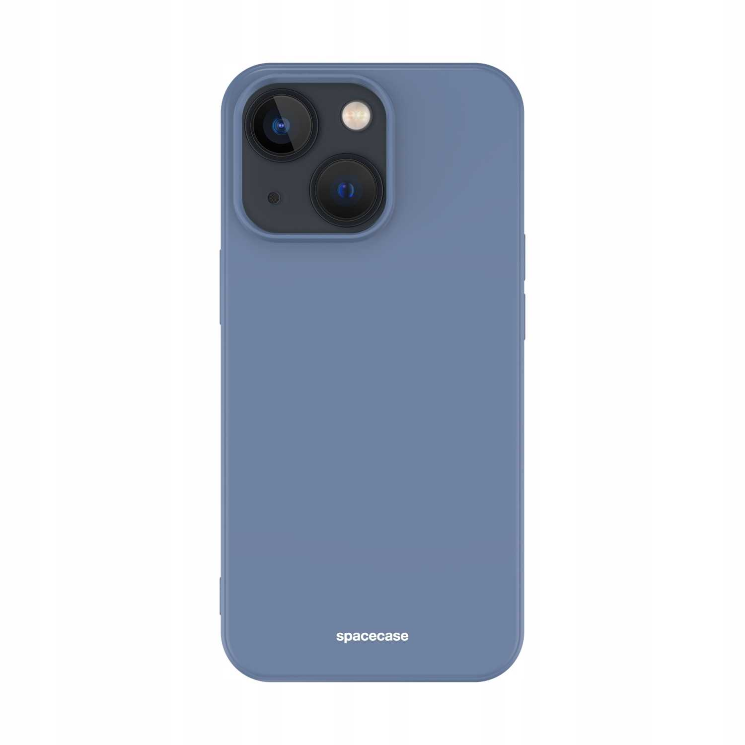 Niebieski telefon z marką 'spacecase'. Widoczny aparat. Telefon na białym tle.