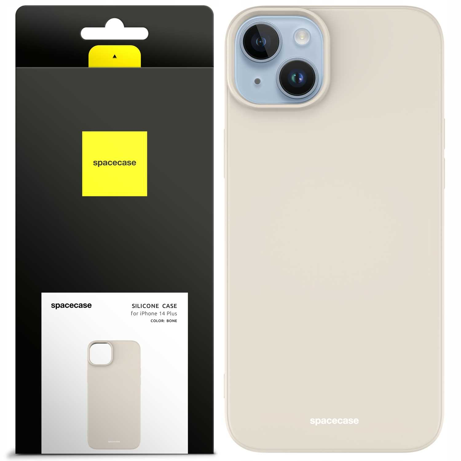 Pudełko na etui na telefon i telefon są beżowe. Na pudełku napis 'spacecase'.