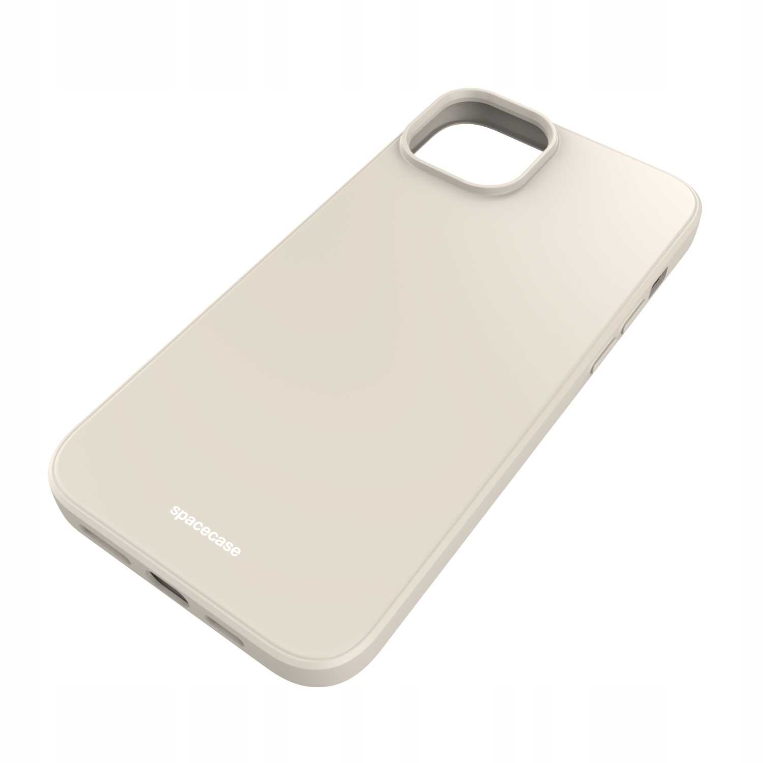 Kremowe etui na telefon z napisem 'spacecase' na białym tle.