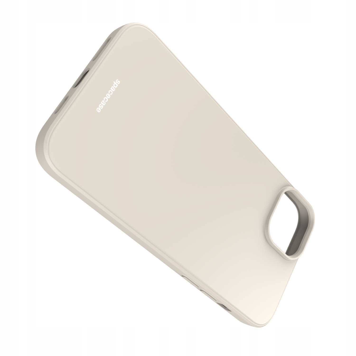 Kremowe etui na telefon z napisem 'spacecase' pod kątem na białym tle.