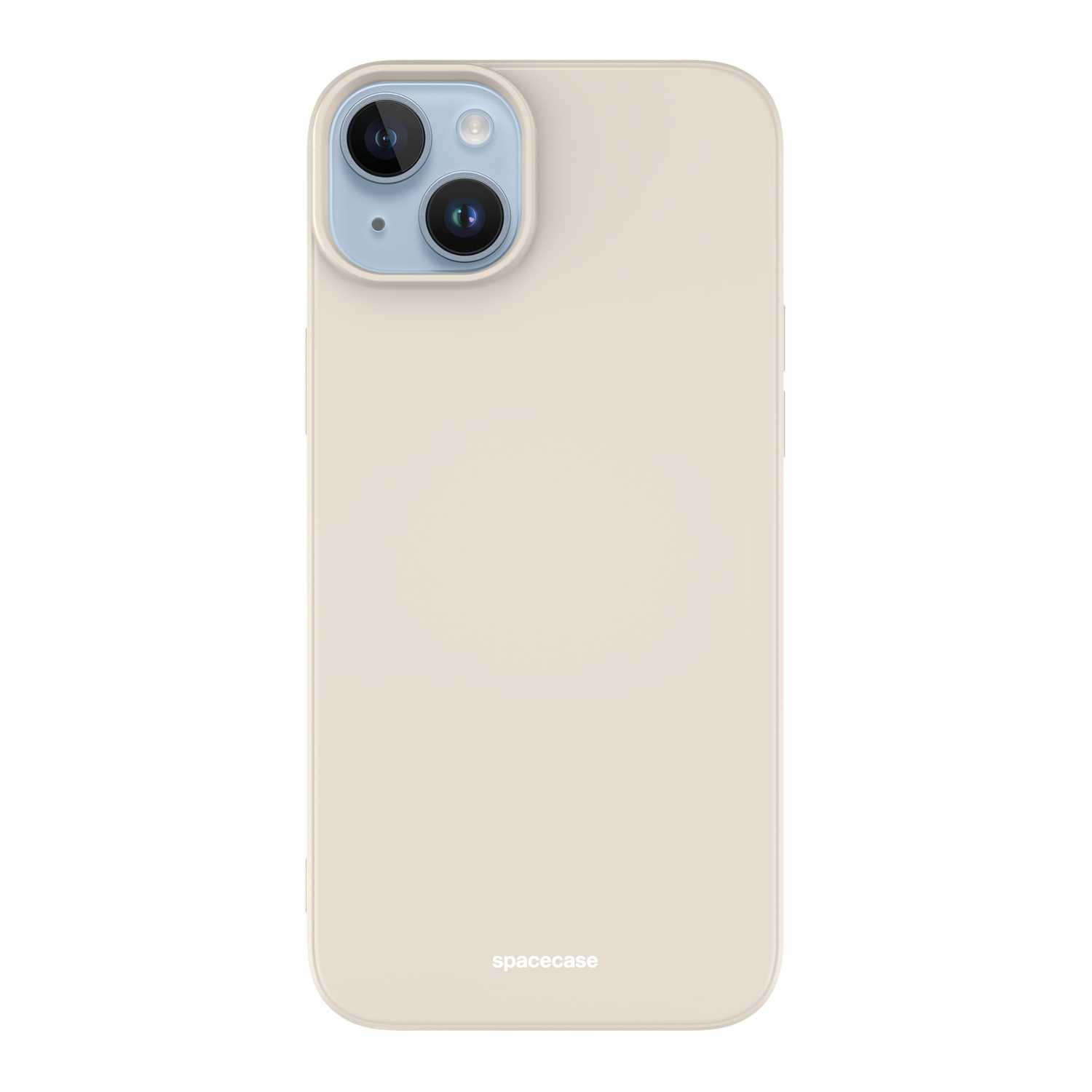 Kremowe etui na telefon z dwoma aparatami i napisem 'spacecase' na białym tle.