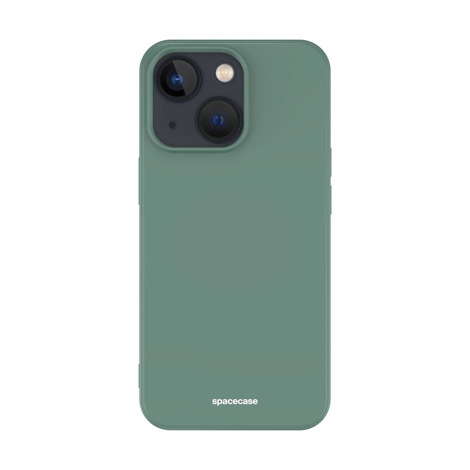 Ciemnozielone etui na iPhone'a z logo Spacecase. Etui jest silikonowe i przeznaczone do iPhone'a 13 Mini.