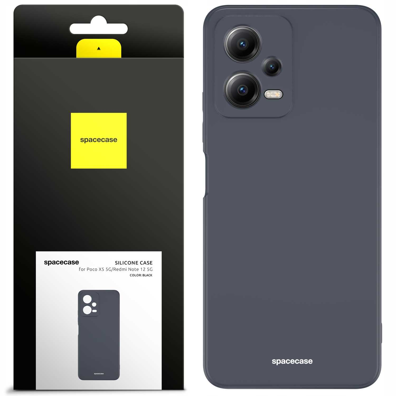 Czarne etui na telefon z opakowaniem. Etui jest silikonowe z logo Spacecase do Poco X5 5G/Redmi Note 12 5G.
