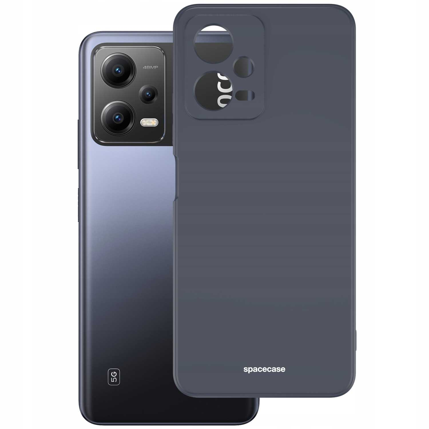 Ciemnoszary telefon z aparatem 48MP leży obok pasującego etui z logo Spacecase.