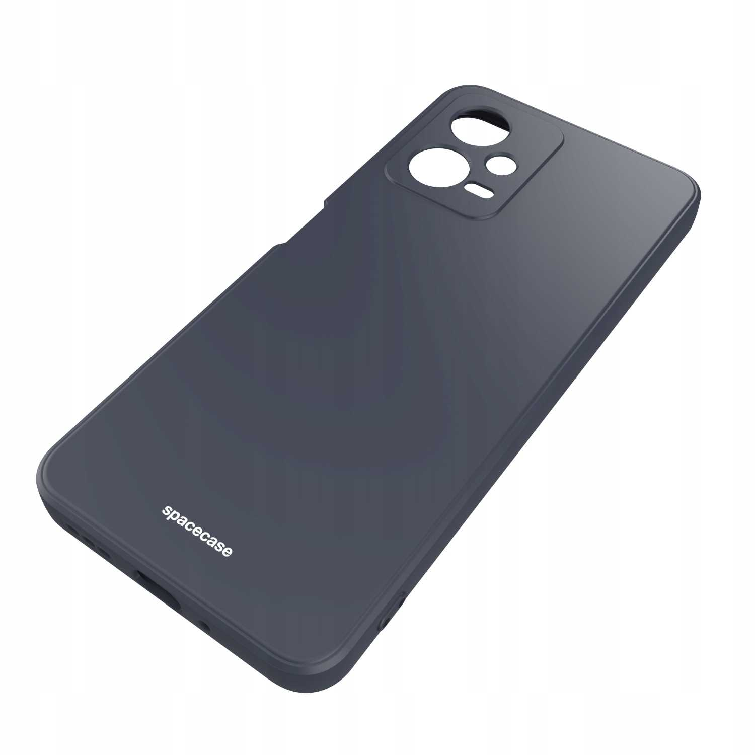 Ciemnoszare etui na telefon z logo Spacecase. Etui jest silikonowe i ma wycięcia na obiektyw aparatu.