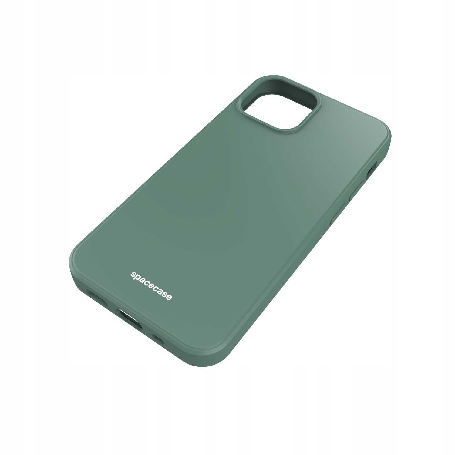 Ciemnozielone etui na telefon z logo Spacecase. Etui jest silikonowe z wycięciem na obiektyw aparatu.