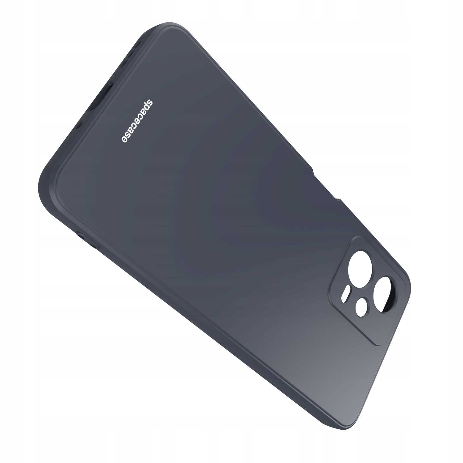 Ciemnoszare etui na telefon z logo Spacecase. Etui jest silikonowe i ma wycięcia na obiektyw aparatu.