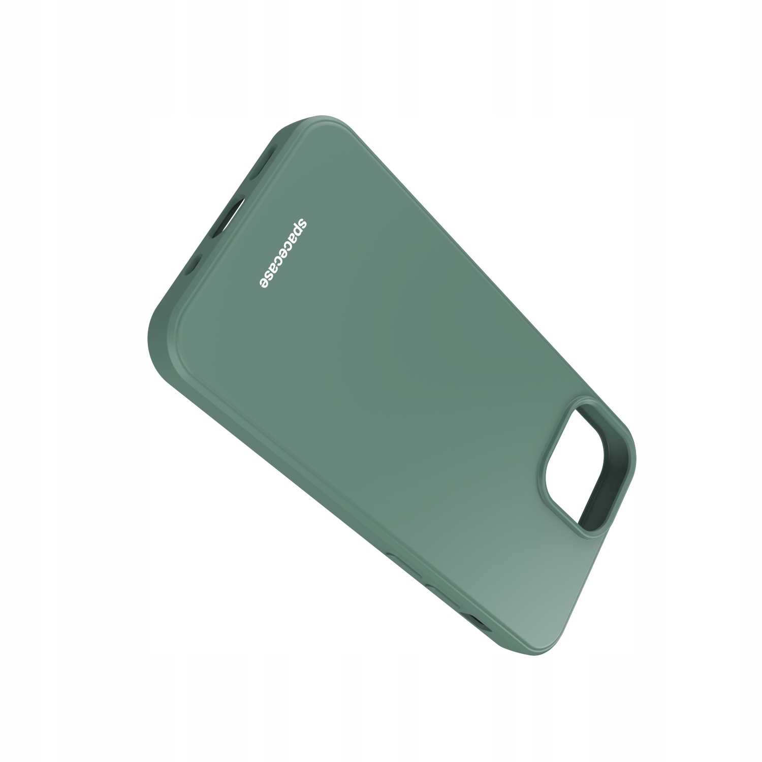 Ciemnozielone etui na telefon z logo Spacecase. Etui jest silikonowe i ma wycięcie na kamerę.