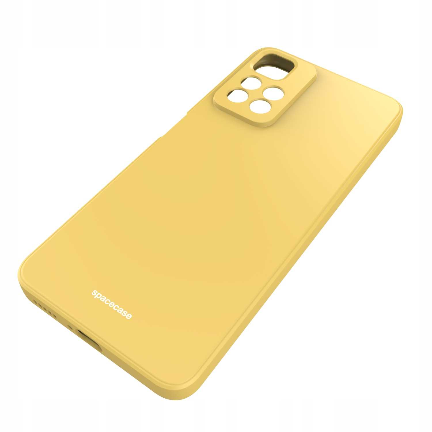 Żółte etui na telefon na białym tle. Etui ma logo spacecase. Ma wycięcia na aparat.