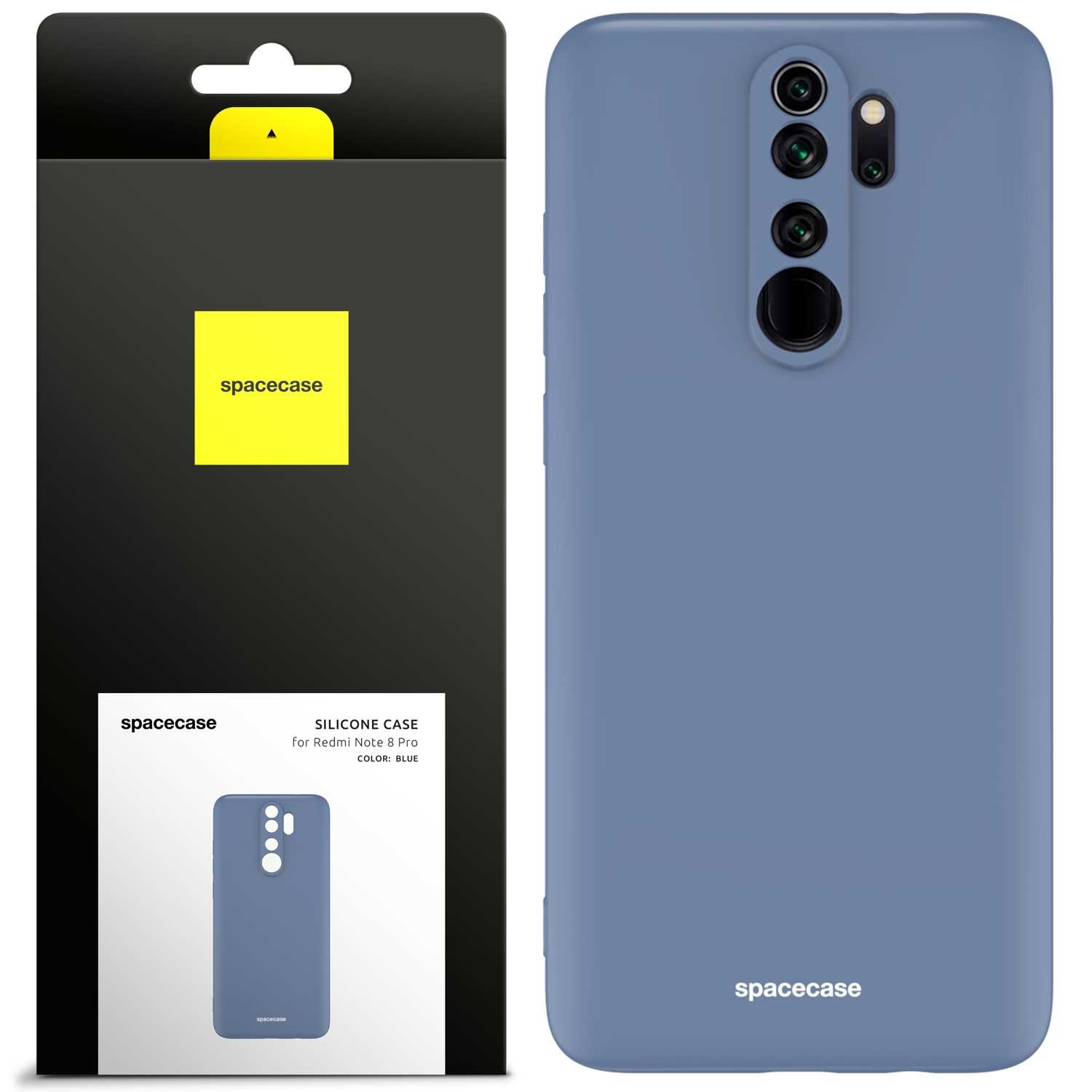 Niebieskie etui na telefon i opakowanie z marką 'spacecase', z wycięciem na aparat podkreślającym wygląd i markę.