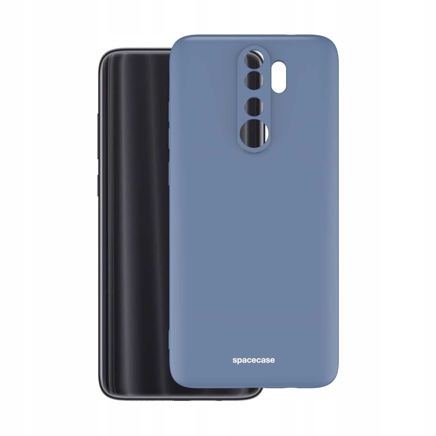 Niebieskie etui na telefon jest pokazane obok smartfona, podkreślając markę 'spacecase' i wycięcie na aparat.