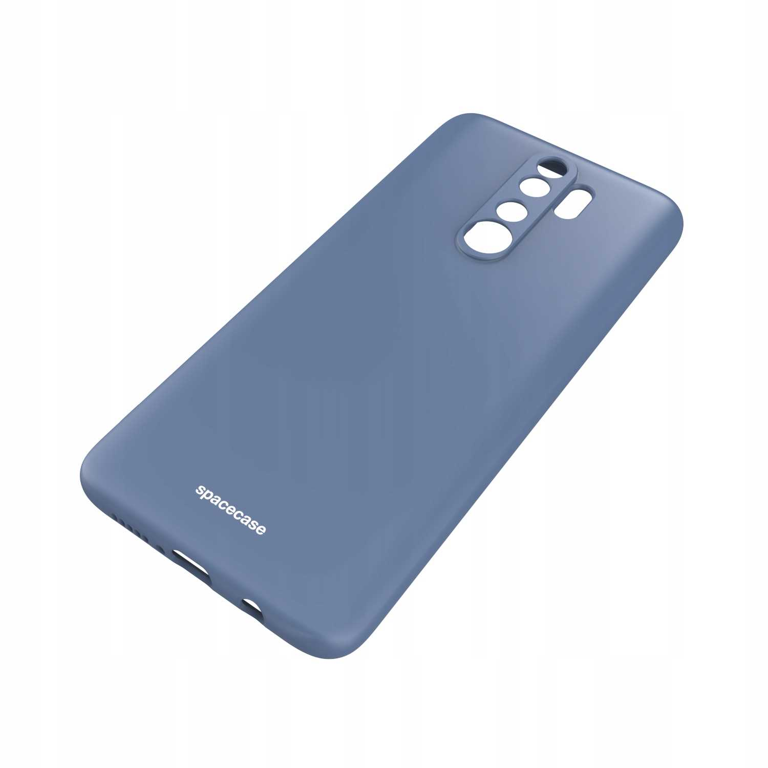 Pochylone niebieskie etui na telefon pokazuje logo 'spacecase', podkreślając jego elegancki wygląd i wycięcie na aparat.