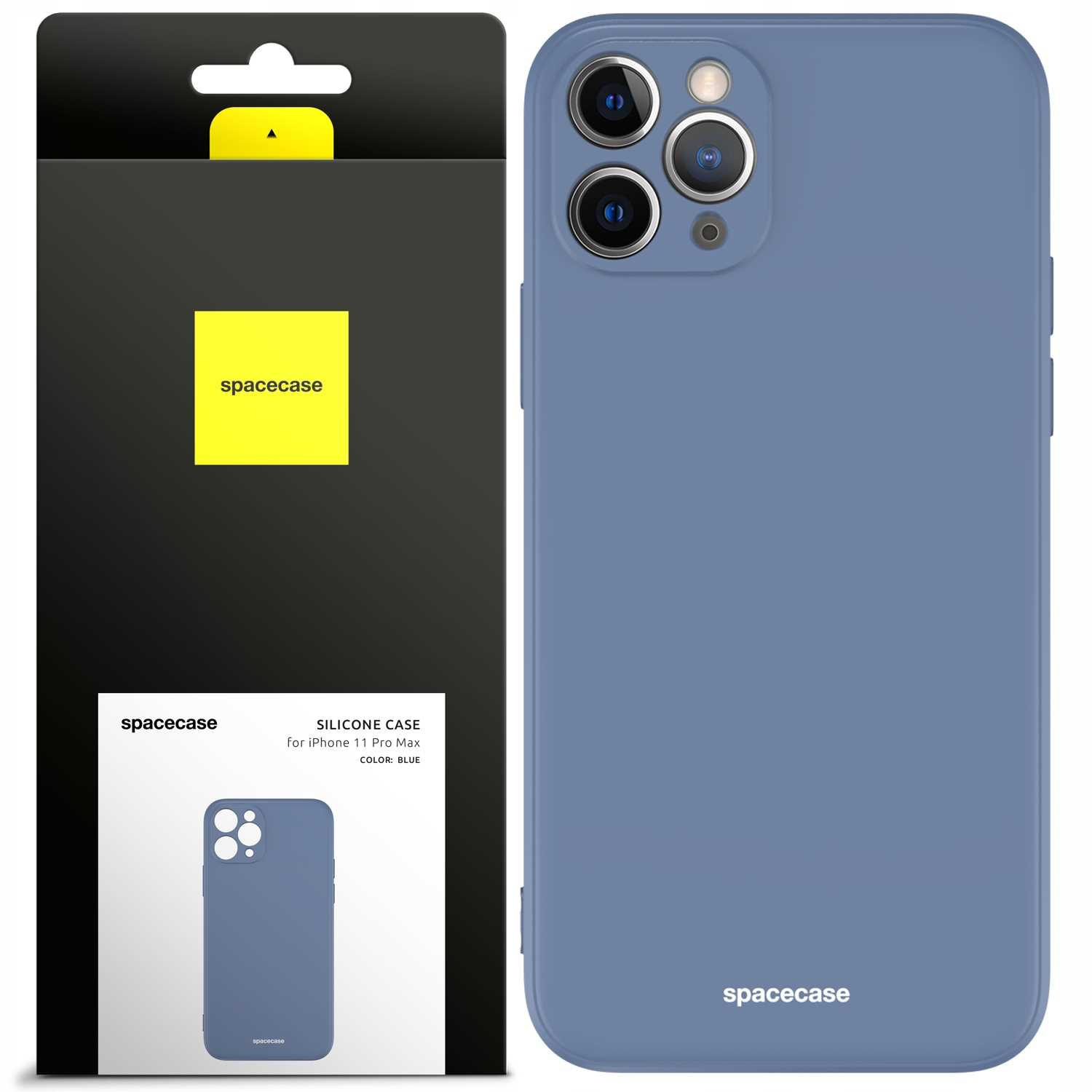 Niebieskie silikonowe etui na iPhone'a 11 Pro Max z opakowaniem, prezentujące szczegóły aparatu i logo „spacecase”.