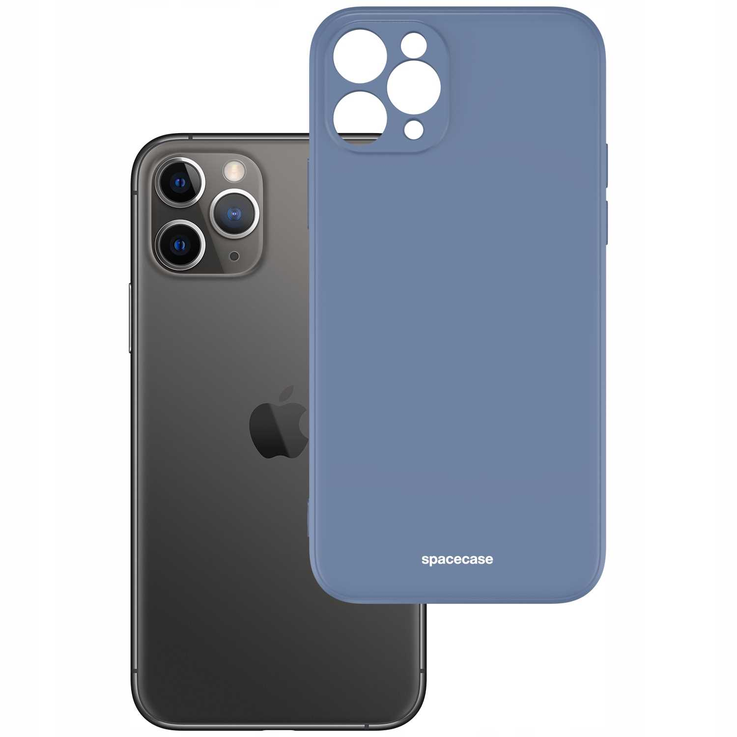 Niebieskie silikonowe etui obok czarnego iPhone'a 11 Pro Max, prezentujące logo „spacecase” na etui.