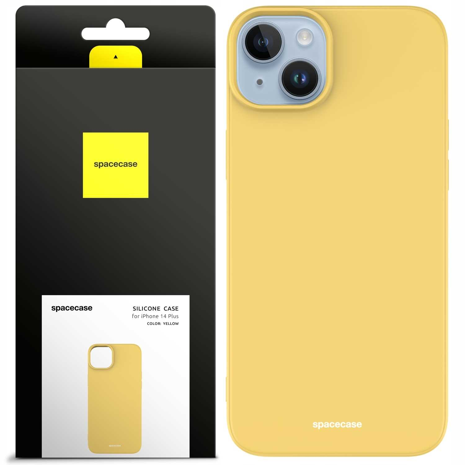 Na białym tle wyświetlane jest żółte etui na iPhone'a 14 Plus i jego opakowanie.