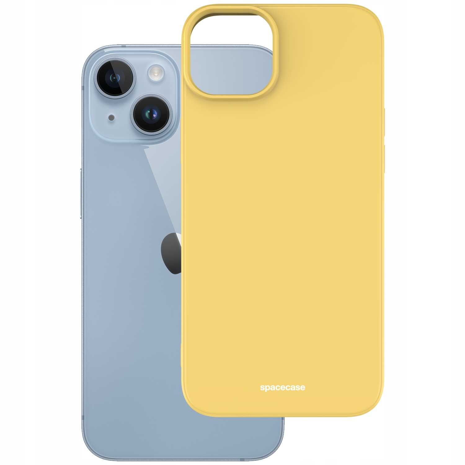 Jasnoniebieski iPhone 14 i żółte etui na telefon z nadrukiem „spacecase” na białym tle.