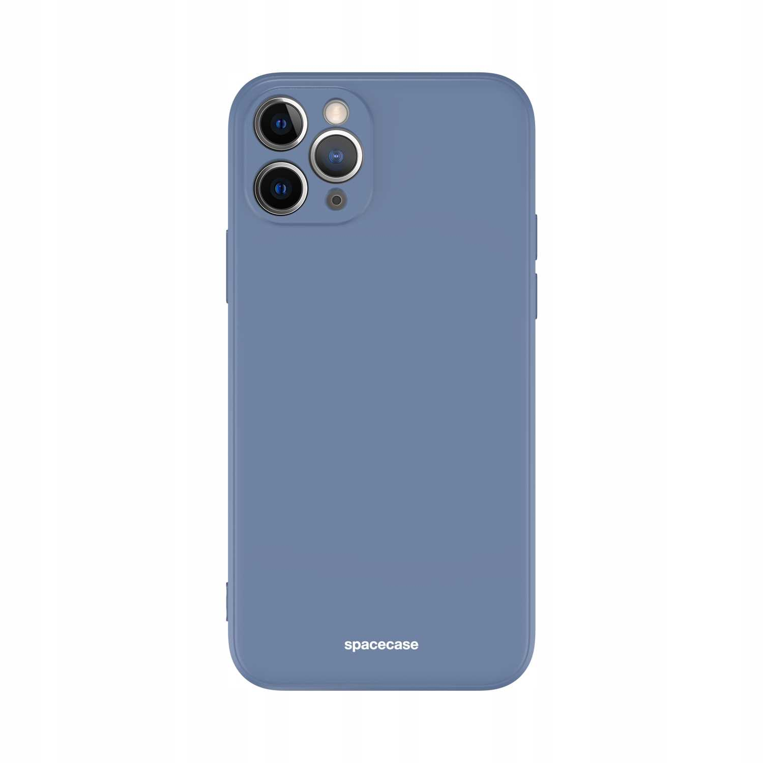 Niebieskie etui na telefon z wycięciem na aparat jest wyśrodkowane na białym tle, prezentując napis „spacecase”.