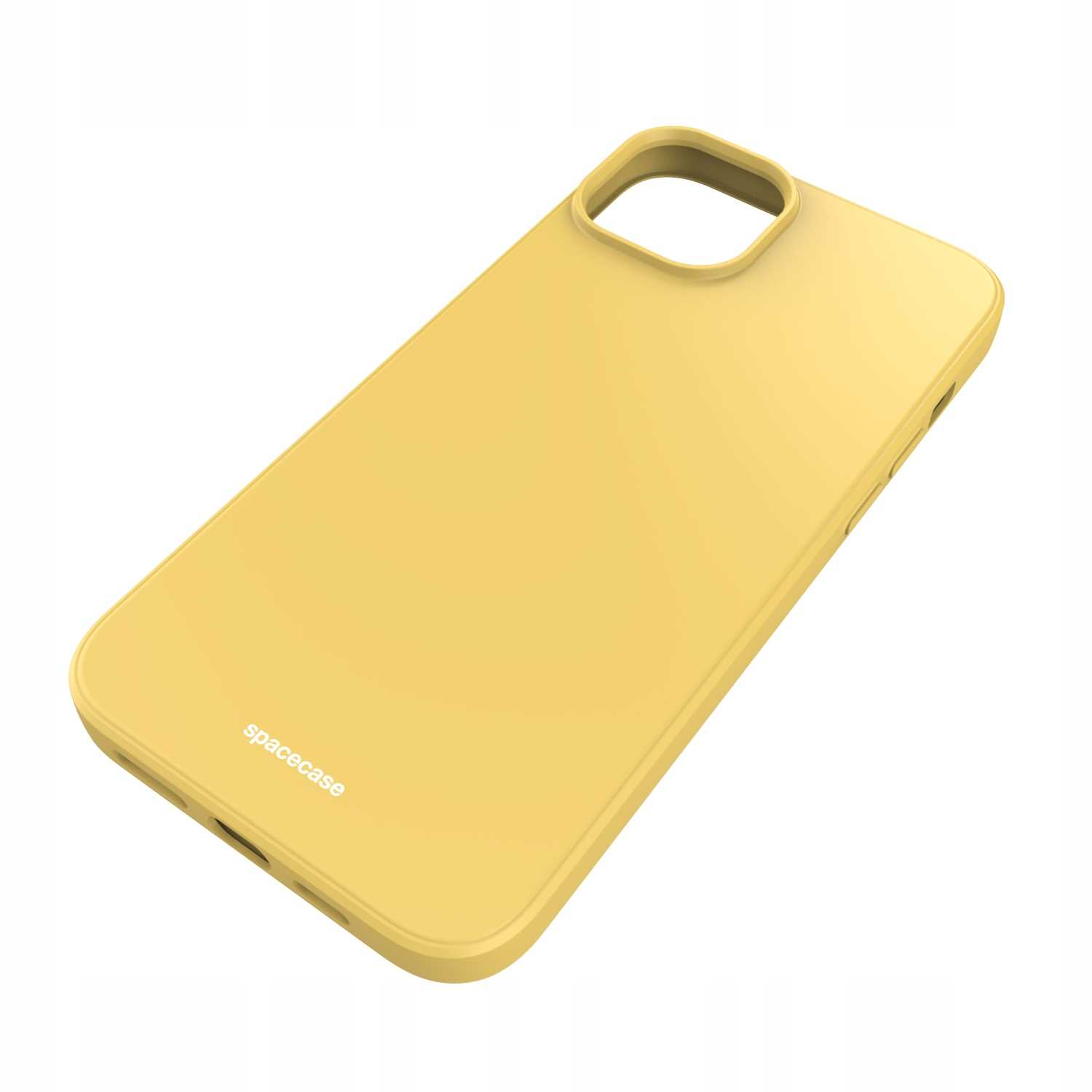 Żółte etui na telefon jest ustawione pod kątem na białym tle, z widocznym napisem „spacecase” na dole.