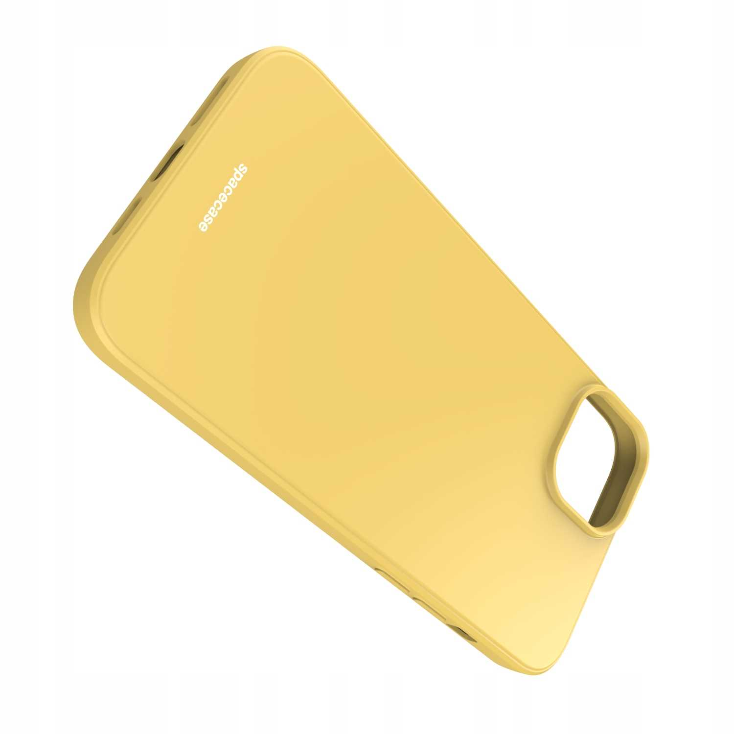 Żółte etui na telefon jest ustawione pod kątem na białym tle, z widocznym napisem „spacecase” z boku.