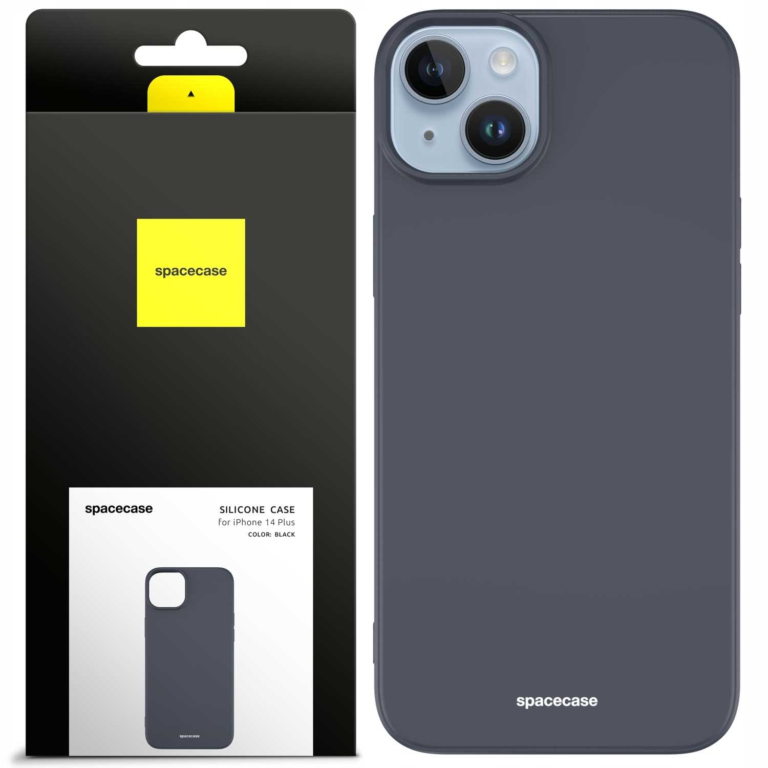 Czarna obudowa telefonu, pudełko i żółty kwadrat z napisem 'spacecase'.