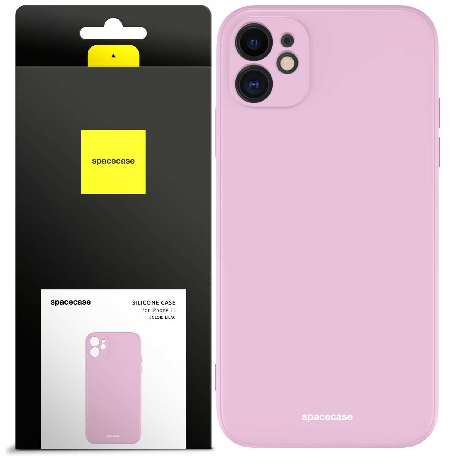 Liliowe etui na telefon i opakowanie z logo spacecase, na białym tle.