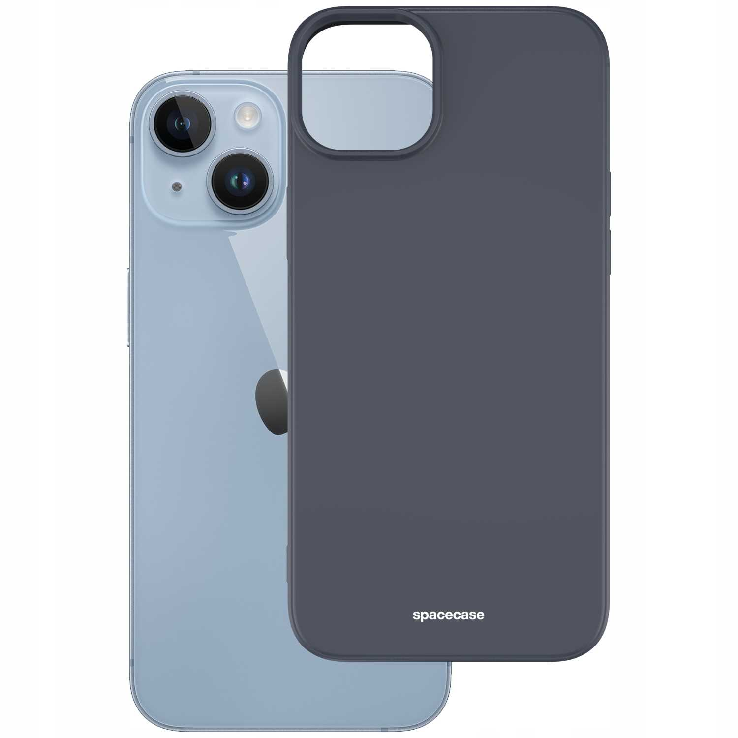 Telefon z ciemnoszarą obudową obok, pokazujący aparat i logo Apple.