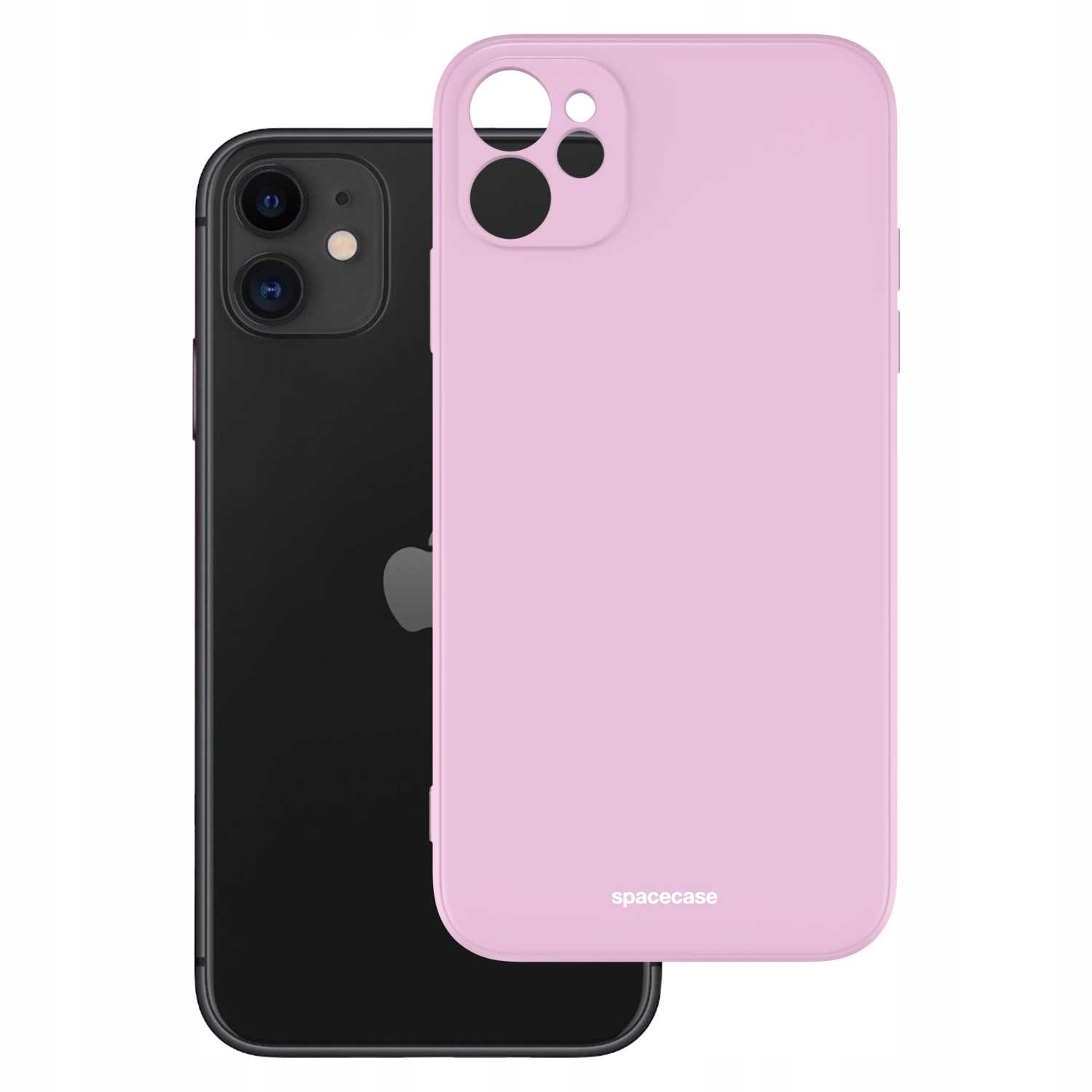 Czarny telefon z jasnoróżowym etui obok, pokazujący logo Spacecase.
