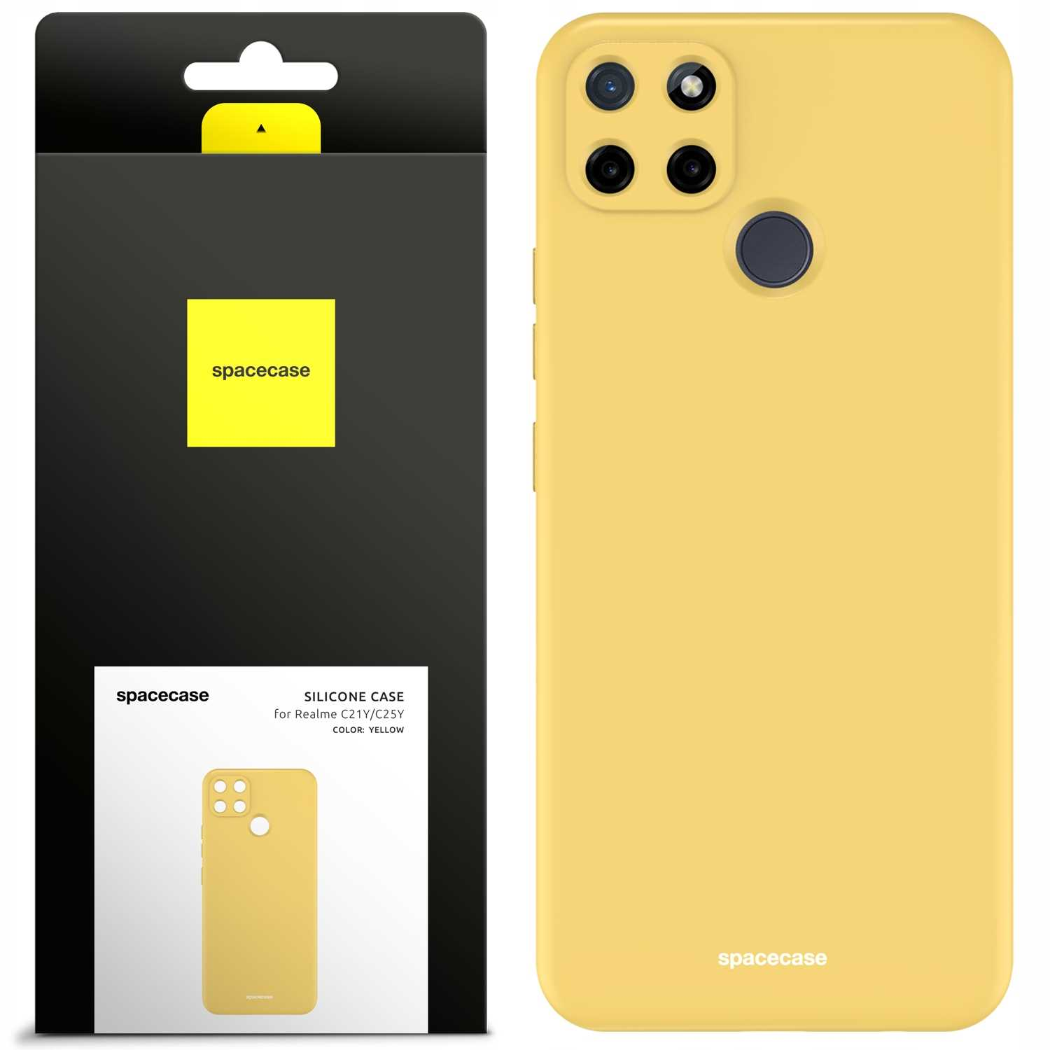 Żółta obudowa telefonu, z pudełkiem i żółtym kwadratem z napisem 'spacecase'.
