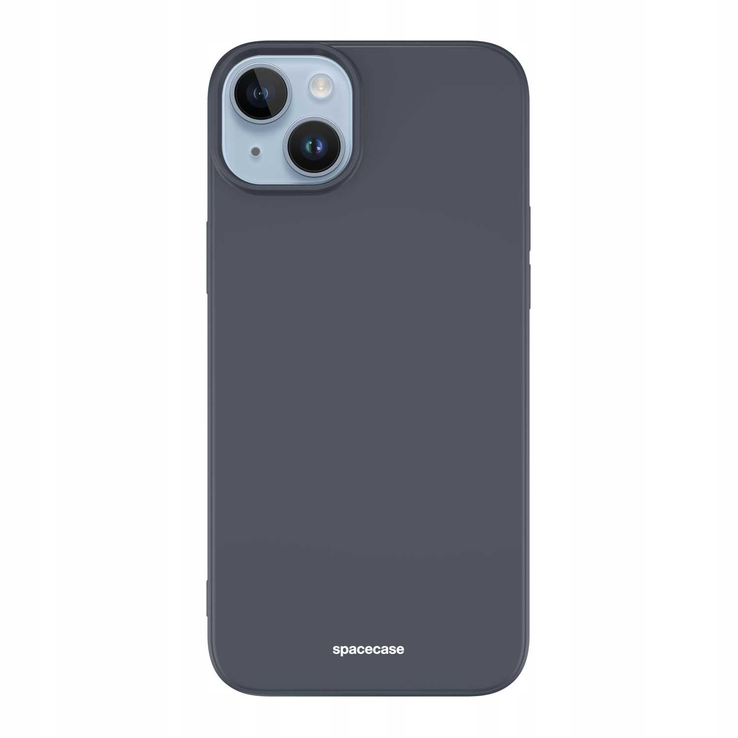 Ciemnoszary telefon z ciemnoszarą obudową z napisem 'spacecase'.