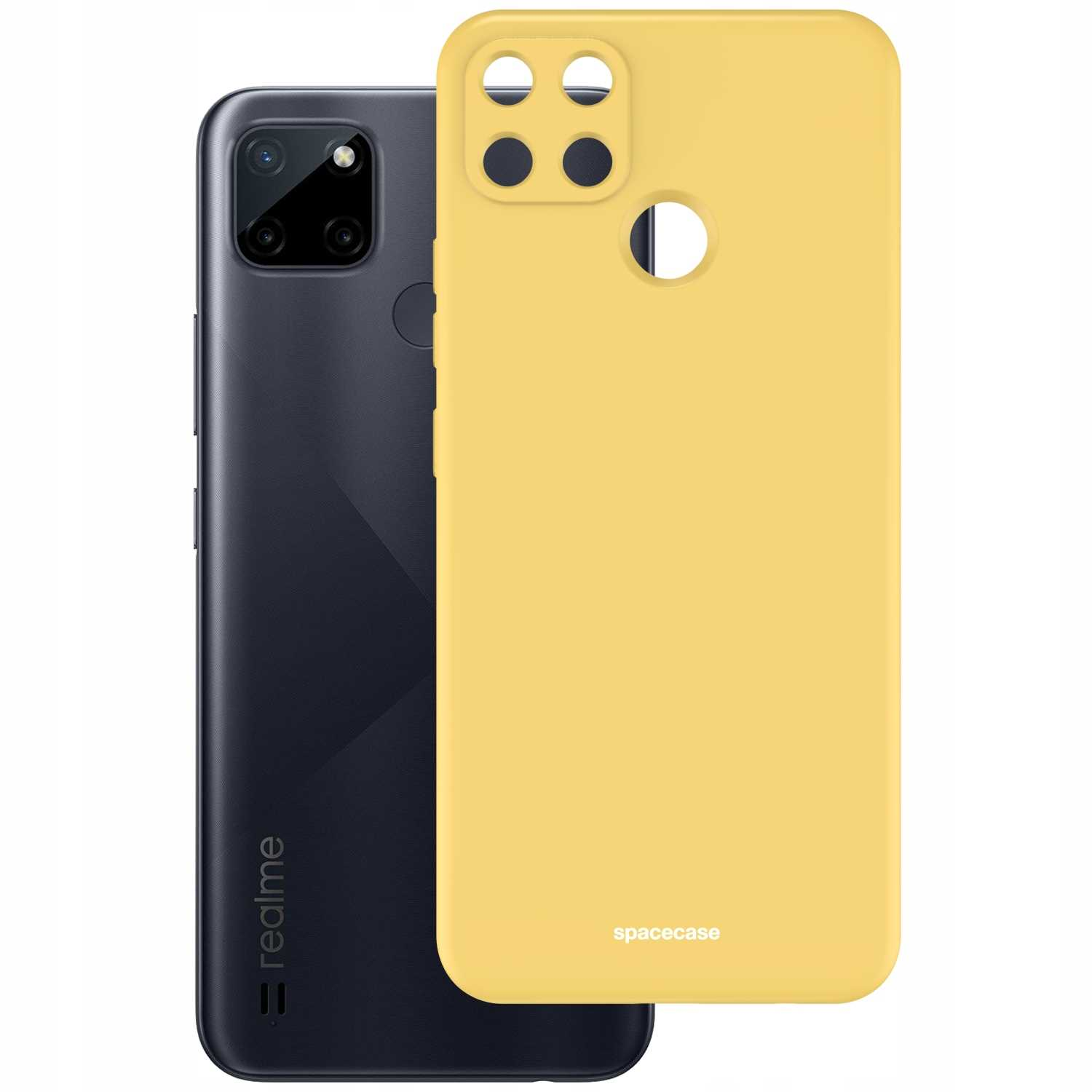 Ciemnoszary telefon Realme obok żółtego etui na telefon, oba stoją pionowo na białej powierzchni.