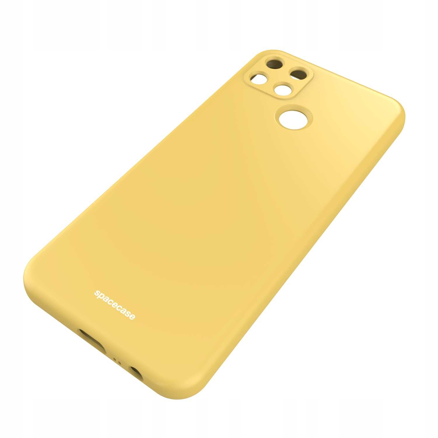 Żółte etui na telefon Realme z napisem „spacecase” leży na białej powierzchni.