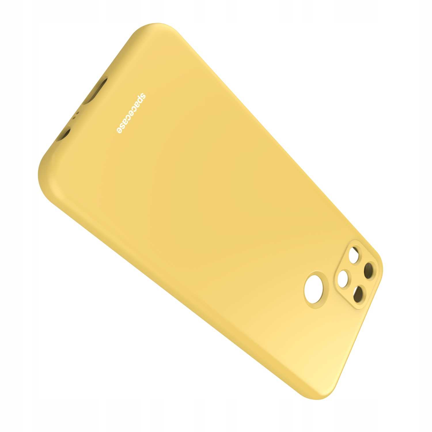 Żółte etui na telefon Realme z napisem „spacecase” leży na białej powierzchni.