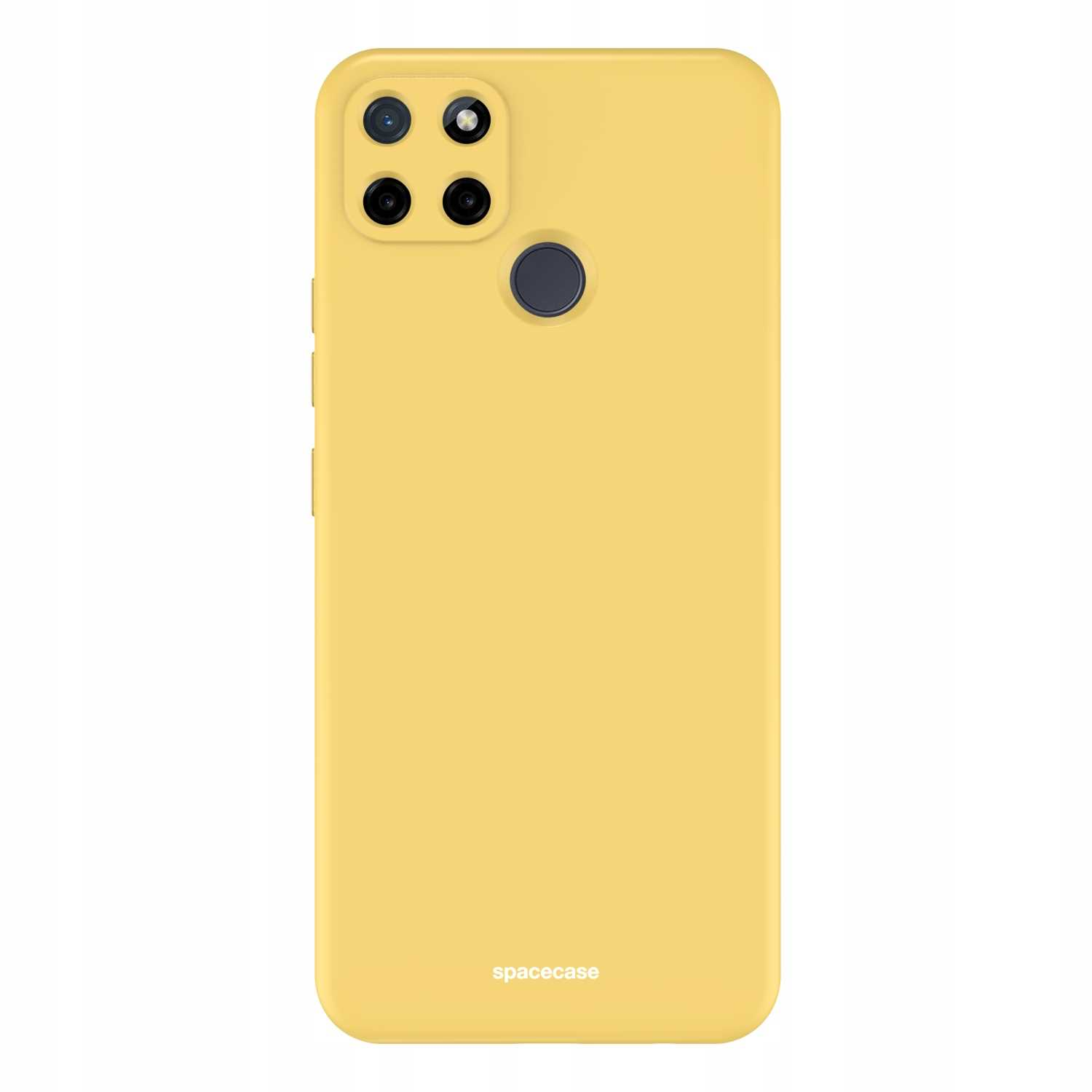 Żółte etui na telefon Realme z napisem „spacecase” stoi pionowo na białej powierzchni.
