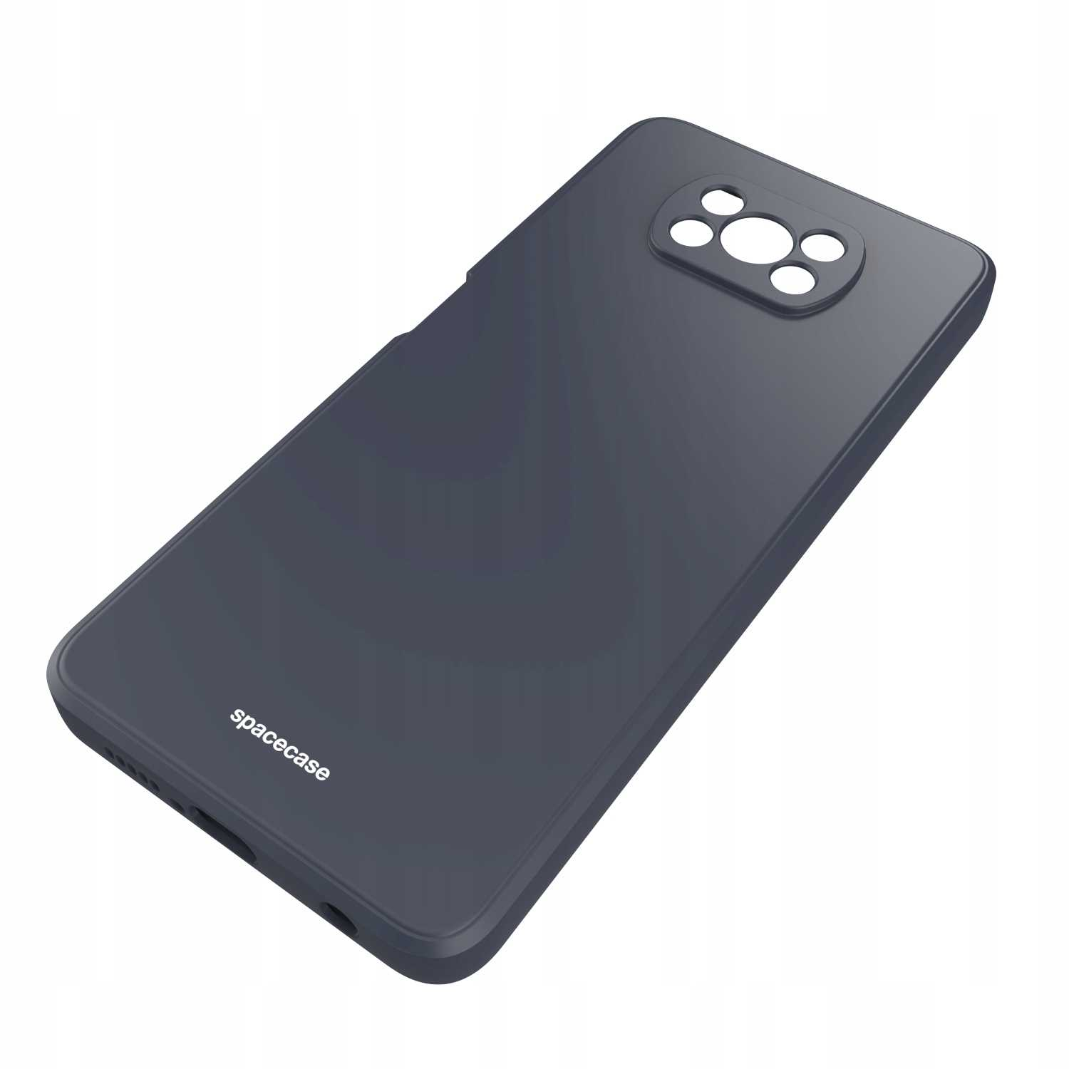 Czarne etui na telefon z wycięciem na aparat, pod kątem. 'spacecase' na etui.