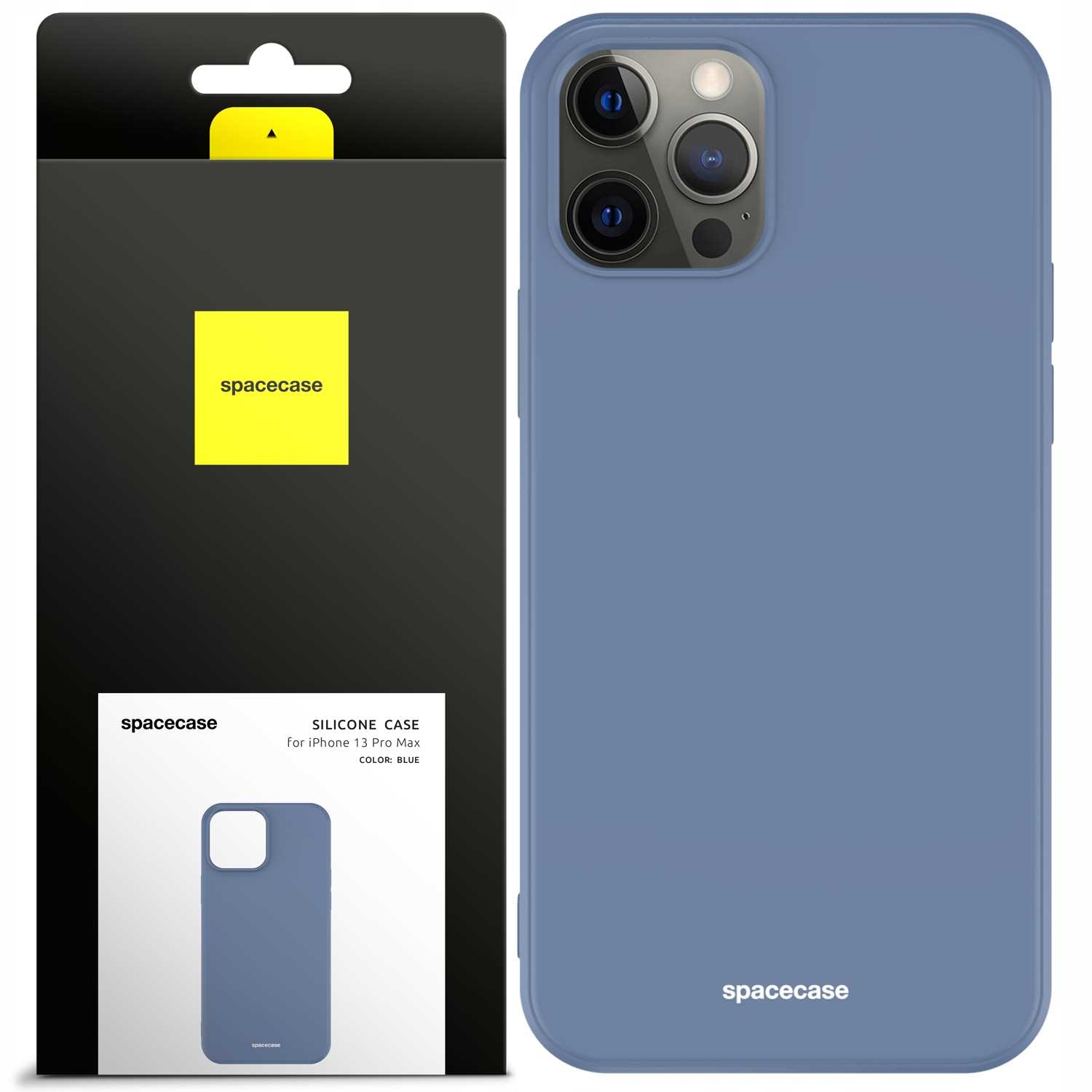 Niebieskie etui na telefon i jego pudełko są wyświetlane, z marką 'spacecase'.