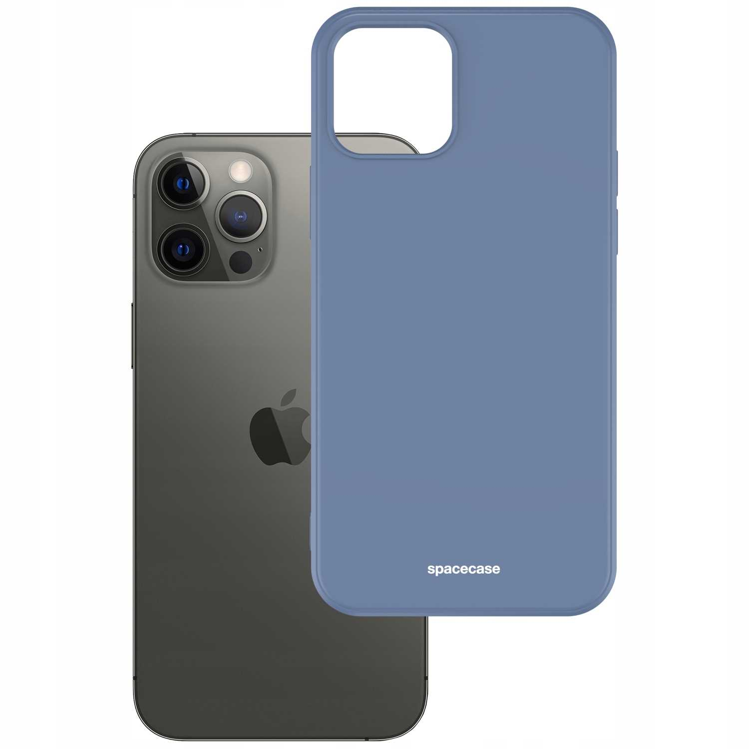 Niebieskie etui na telefon znajduje się obok szarego smartfona z logo Apple.