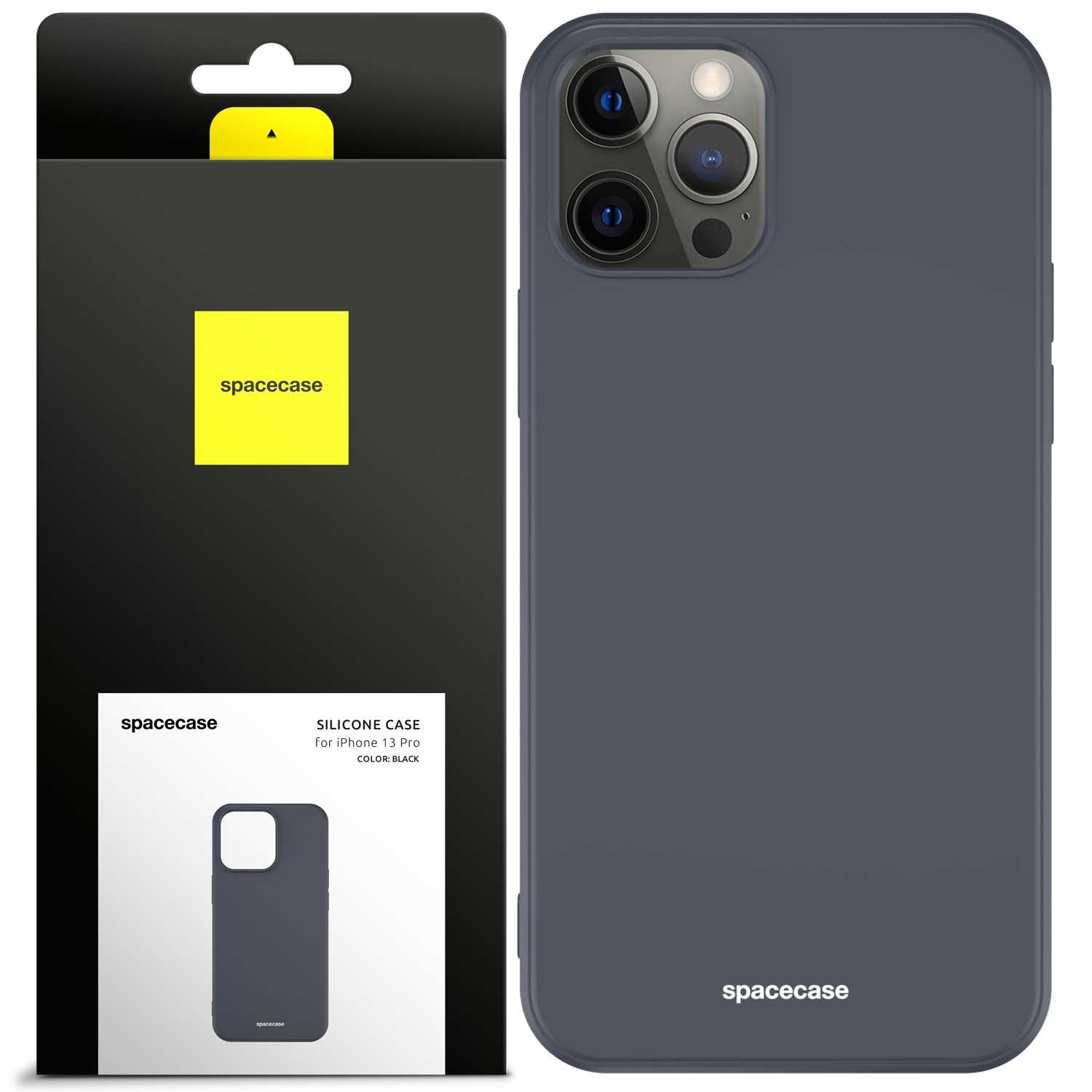 Etui na telefon i jego opakowanie z logo „spacecase”. Etui jest ciemnoszare.