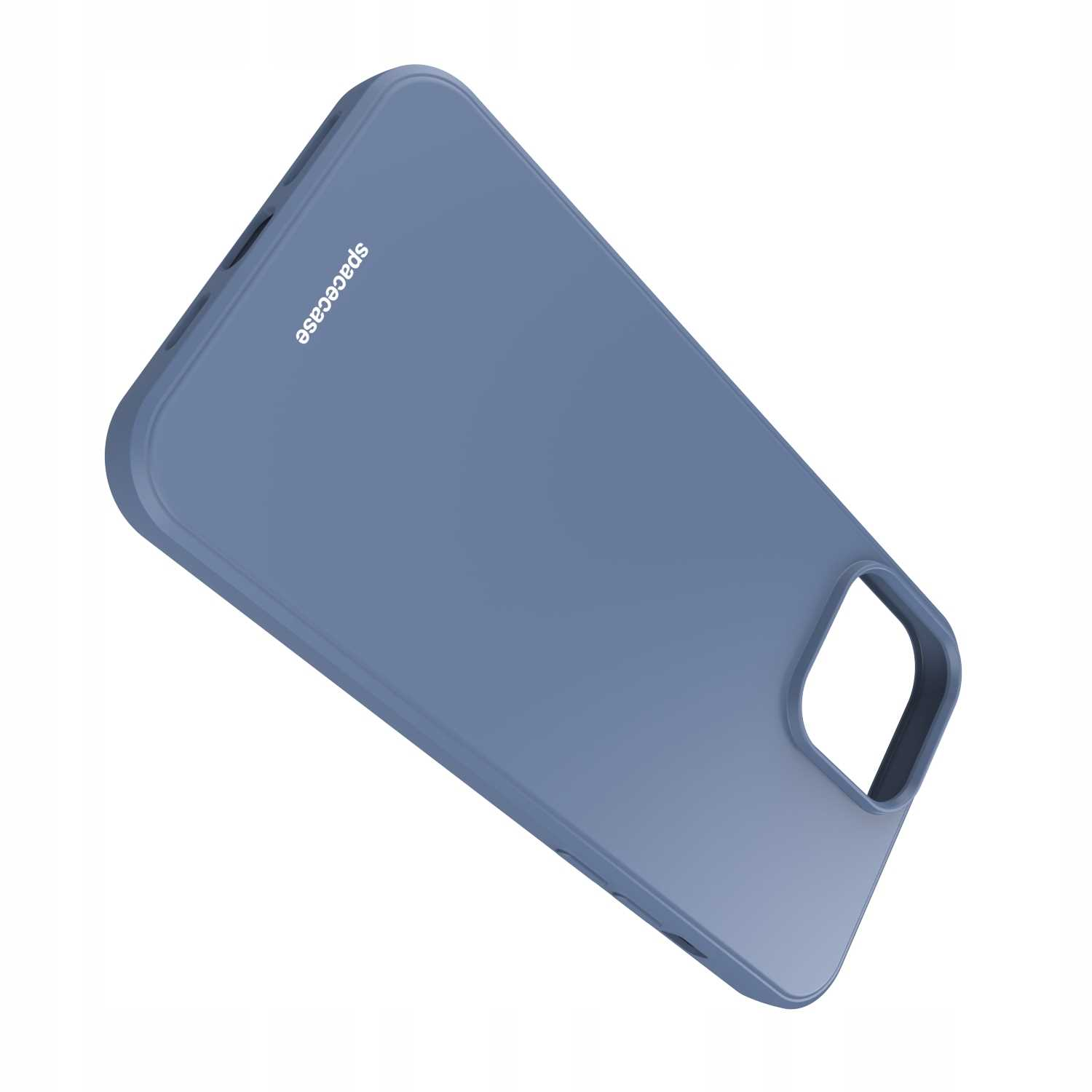 Niebieskie etui na telefon z marką 'spacecase' pokazane pod kątem na białym tle.