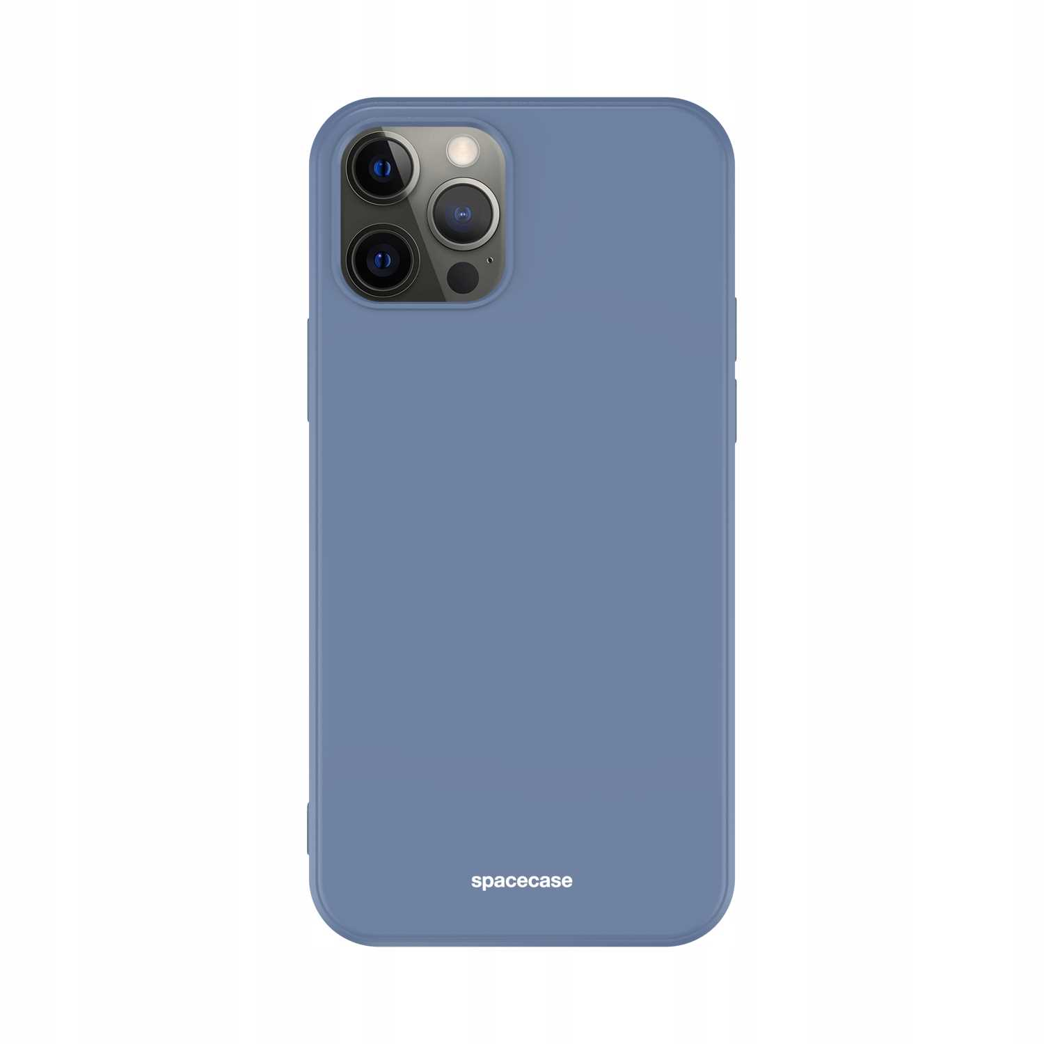 Niebieski telefon z trzema aparatami, w niebieskim etui 'spacecase', na białym tle.