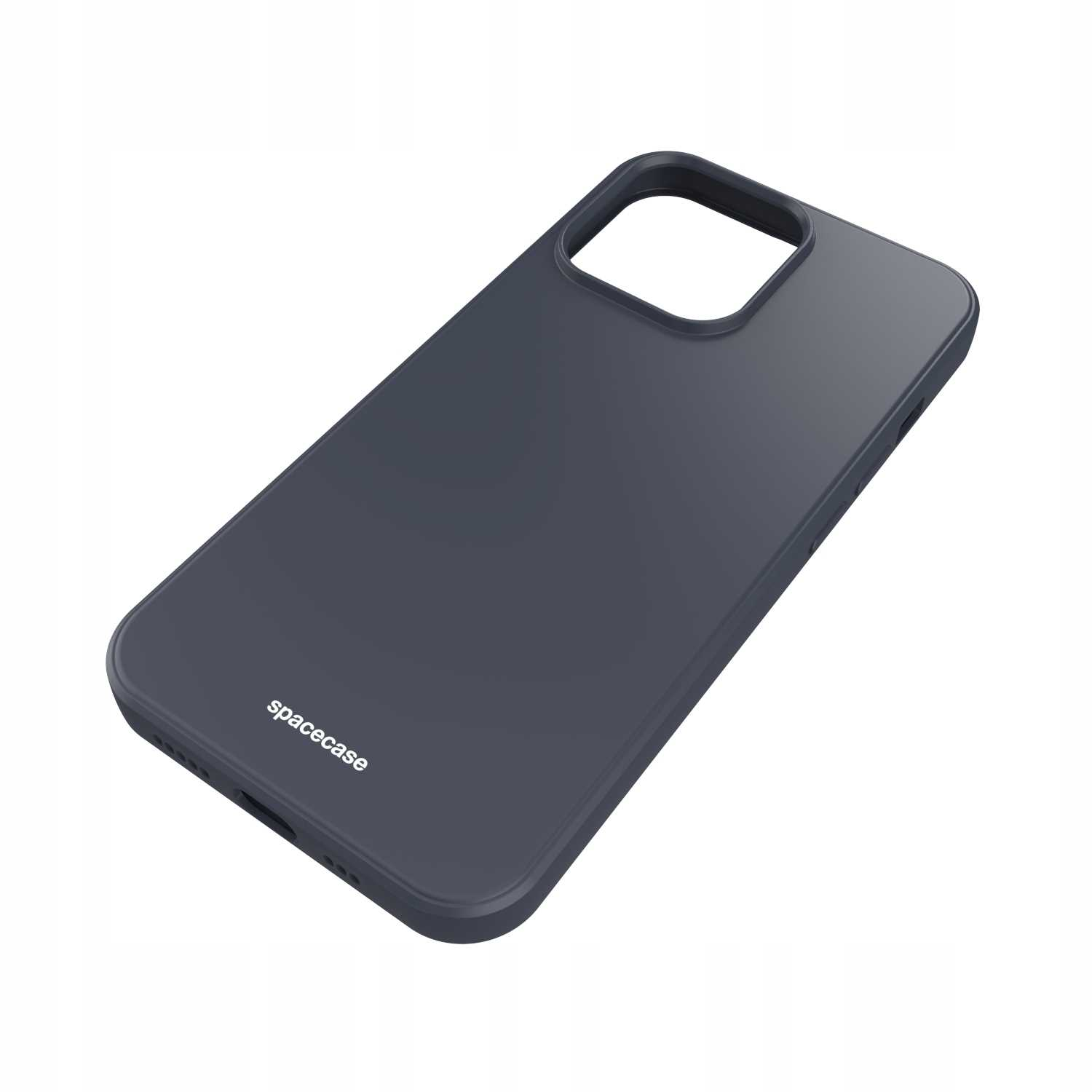 Ciemnoniebieskie etui na telefon z napisem 'spacecase'. Etui na białym tle.