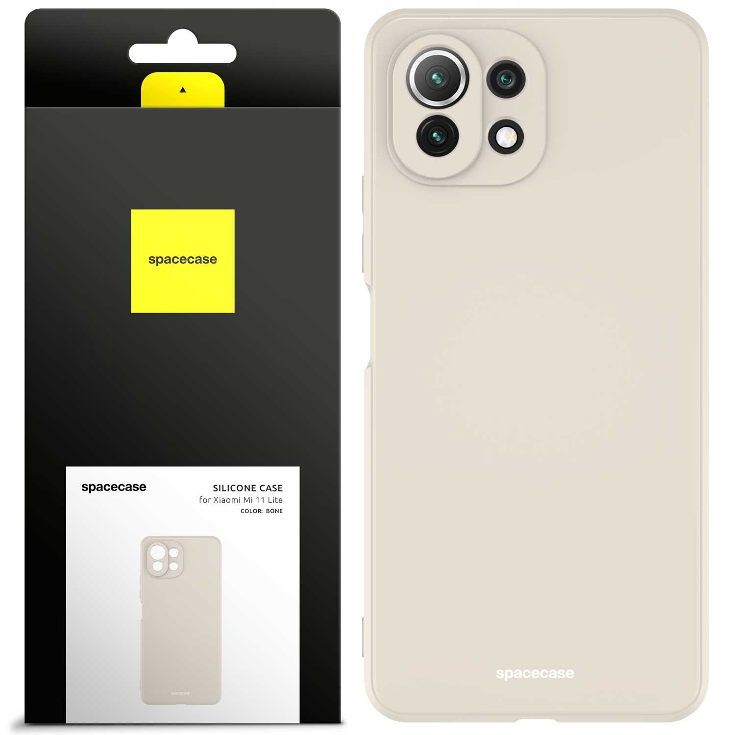 Etui na telefon i telefon, w pudełku, na białym tle. Etui w kolorze kości słoniowej, z 'spacecase'.