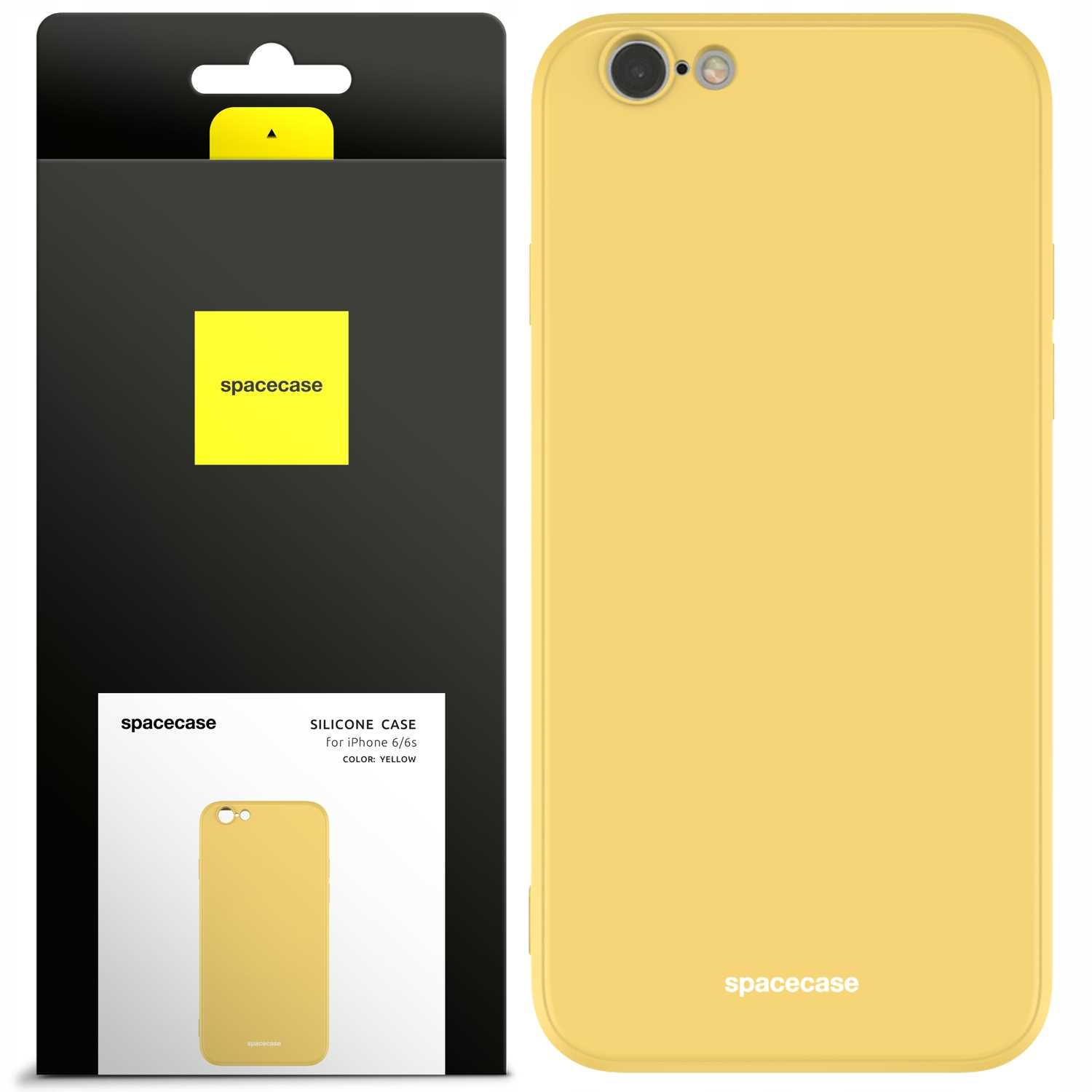 Żółte etui na telefon i pudełko. Na pudełku napis 'SILICONE CASE' i 'COLOR: YELLOW'.