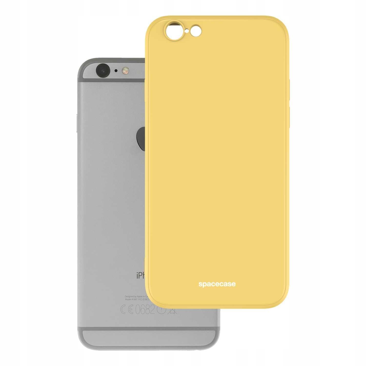 Żółte etui na telefon obok srebrnego iPhone'a. Etui ma logo Spacecase.