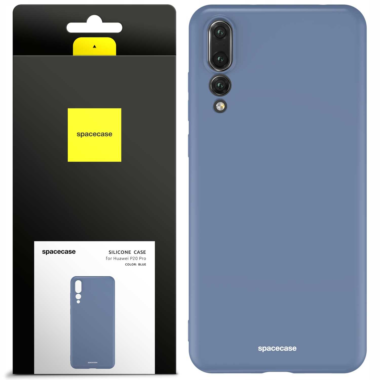 Dwa niebieskie etui na telefon Spacecase z opakowaniem, prezentujące szczegóły projektu i marki.