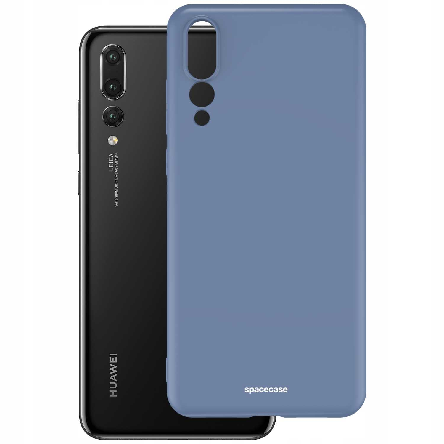 Czarny telefon Huawei z niebieskim etui Spacecase stoi na białym tle.