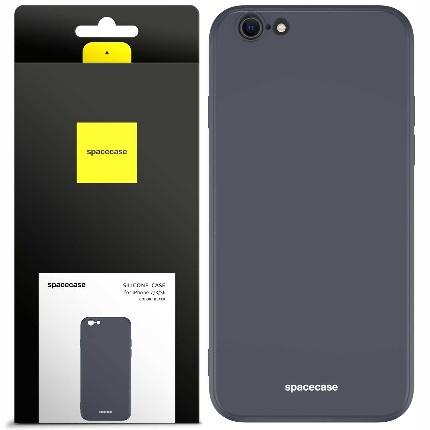 Czarne etui na telefon i opakowanie na białym tle. „spacecase” znajduje się na etui i opakowaniu. Na opakowaniu znajduje się napis „Silicone Case for iPhone 7/8/SE”.