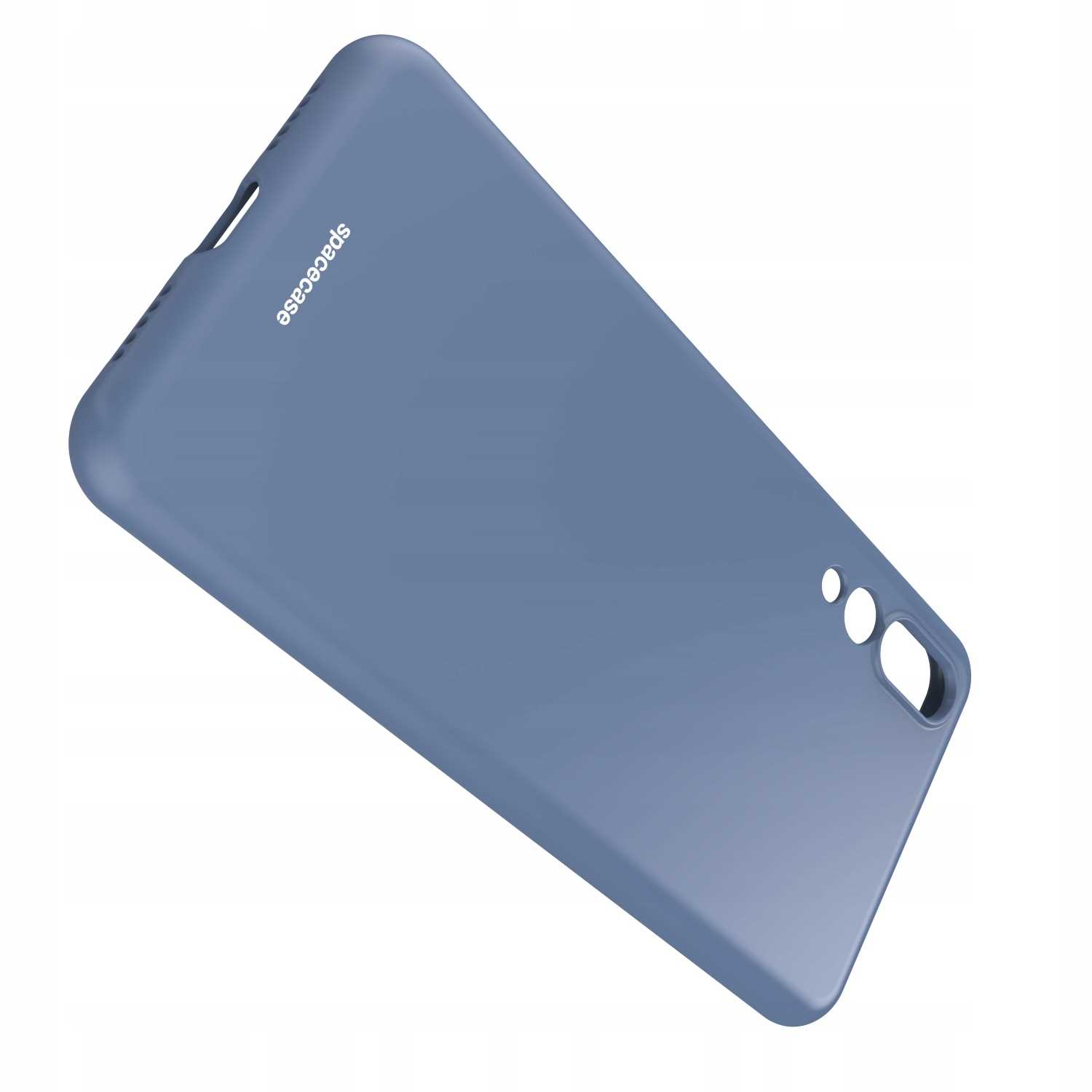 Niebieskie etui na telefon Spacecase jest ustawione pod kątem na białym tle.