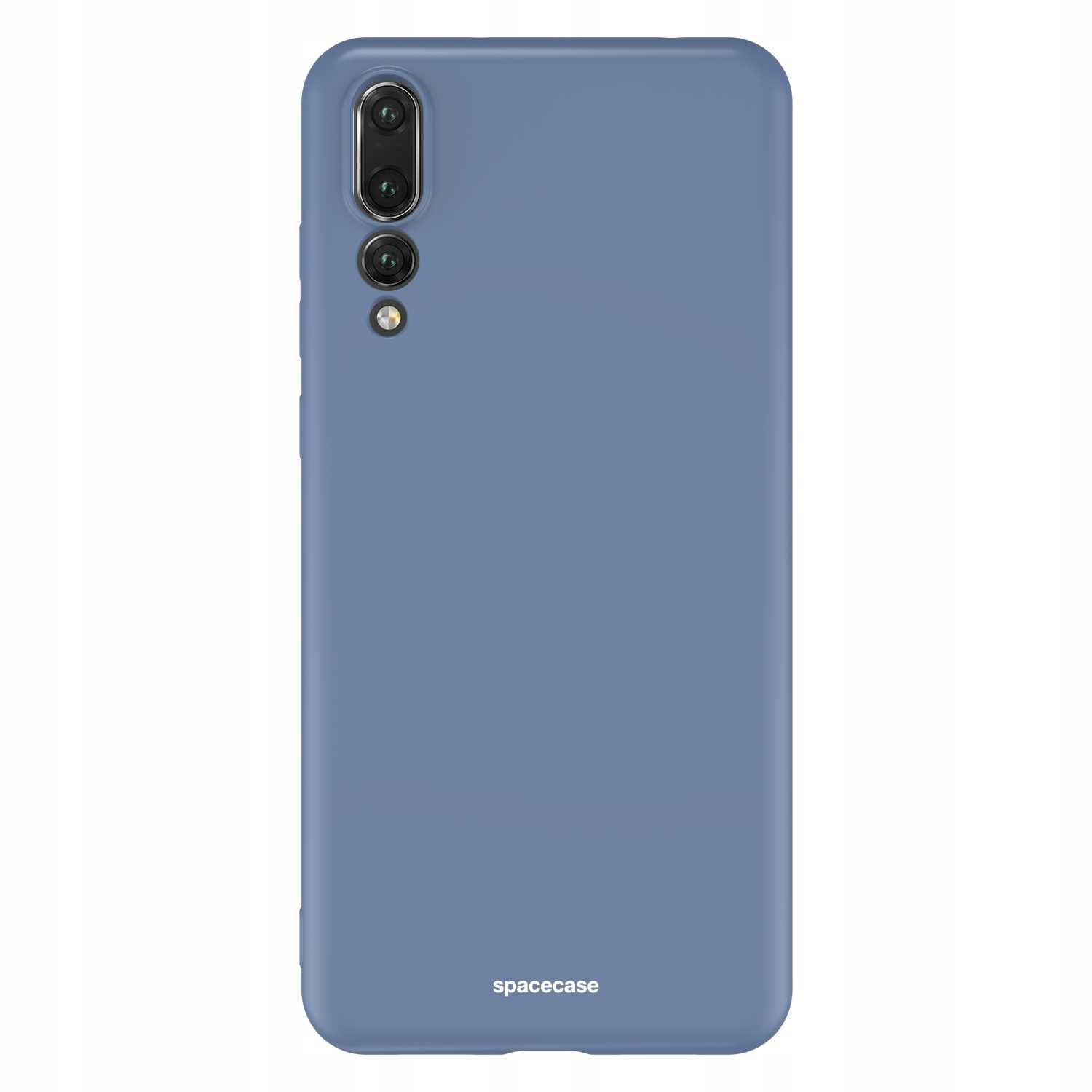 Niebieskie etui na telefon z aparatem z trzema obiektywami. Logo Spacecase na dole.