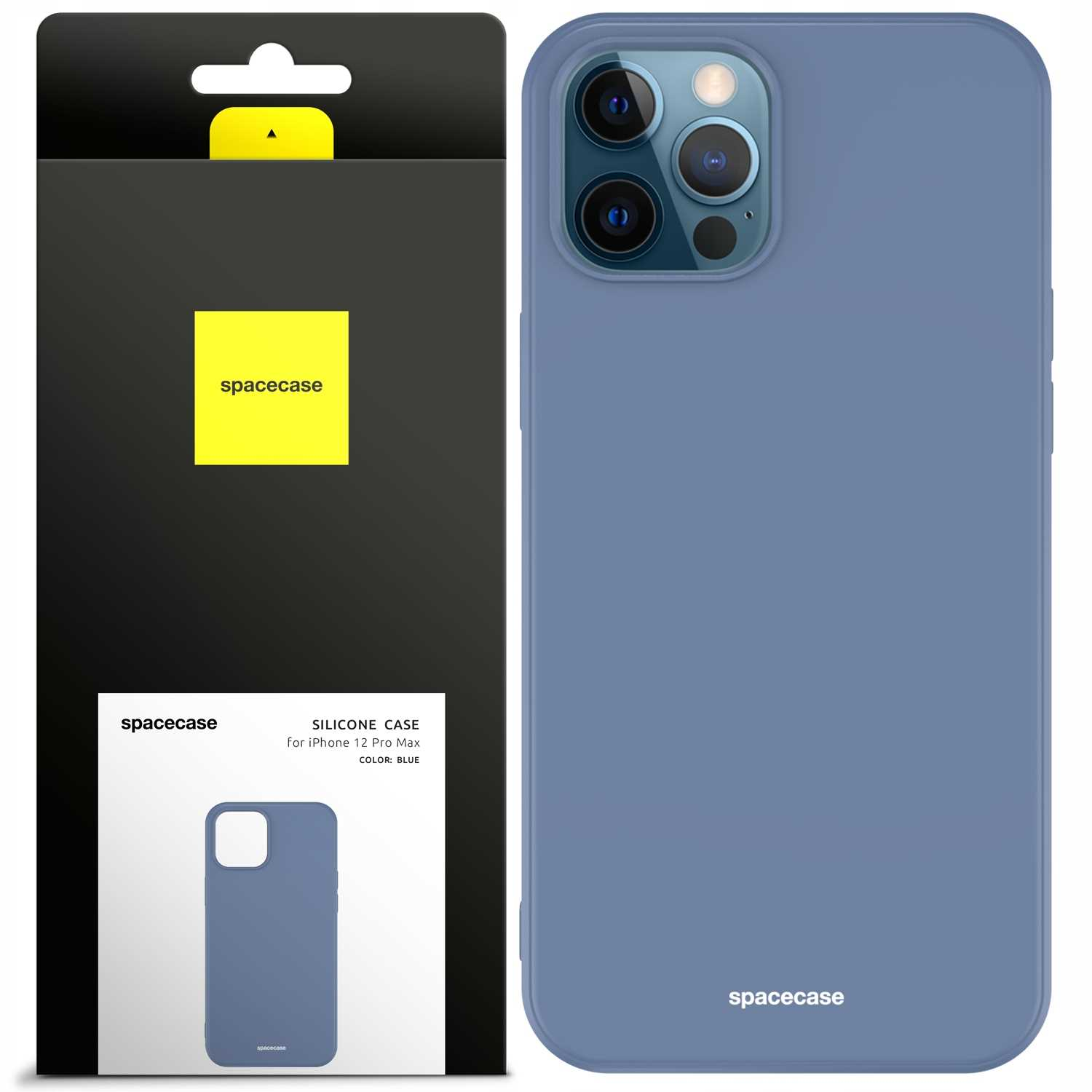 Niebieskie etui na telefon obok pudełka. Na pudełku napis 'SILICONE CASE' i 'COLOR: BLUE'.