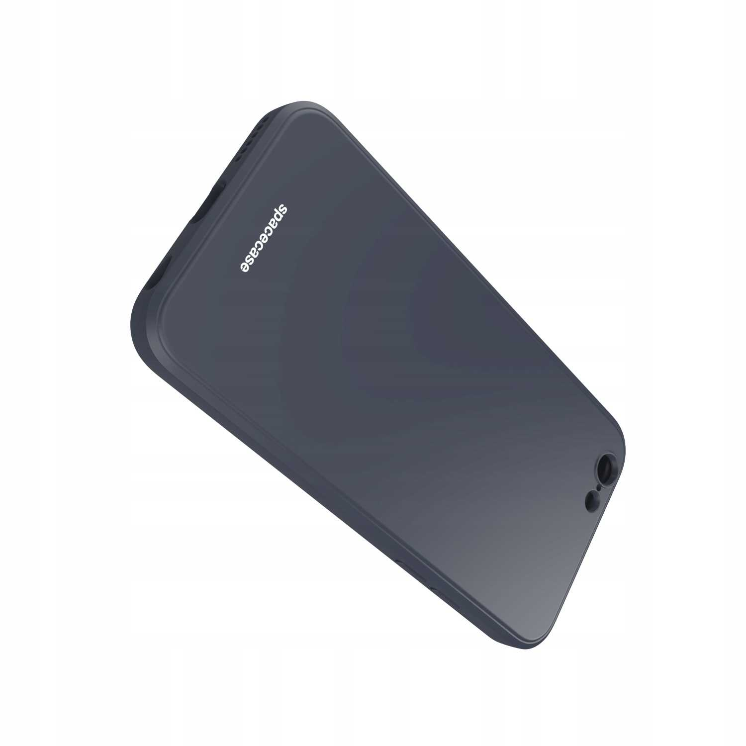 Ciemnoszare etui na telefon z logo „spacecase” ustawione pod kątem na białym tle.